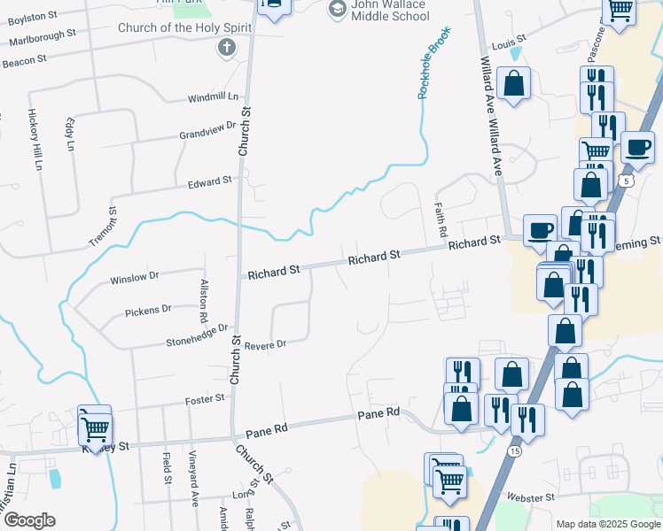map of restaurants, bars, coffee shops, grocery stores, and more near 17 Coronado Drive in Newington