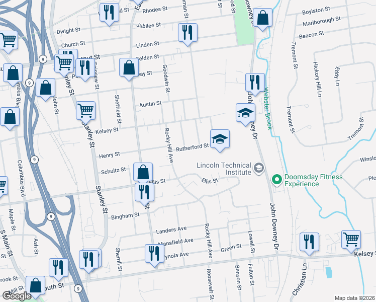 map of restaurants, bars, coffee shops, grocery stores, and more near 60 William Street in New Britain