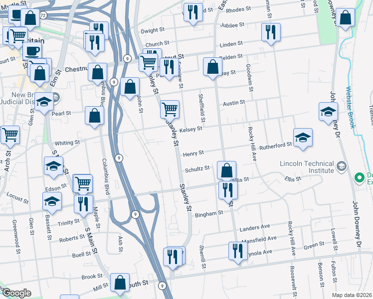 map of restaurants, bars, coffee shops, grocery stores, and more near 465 Stanley Street in New Britain