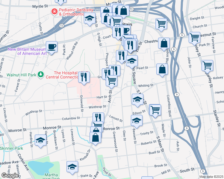 map of restaurants, bars, coffee shops, grocery stores, and more near 354 Arch Street in New Britain