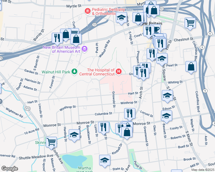 map of restaurants, bars, coffee shops, grocery stores, and more near 30 Highland Street in New Britain