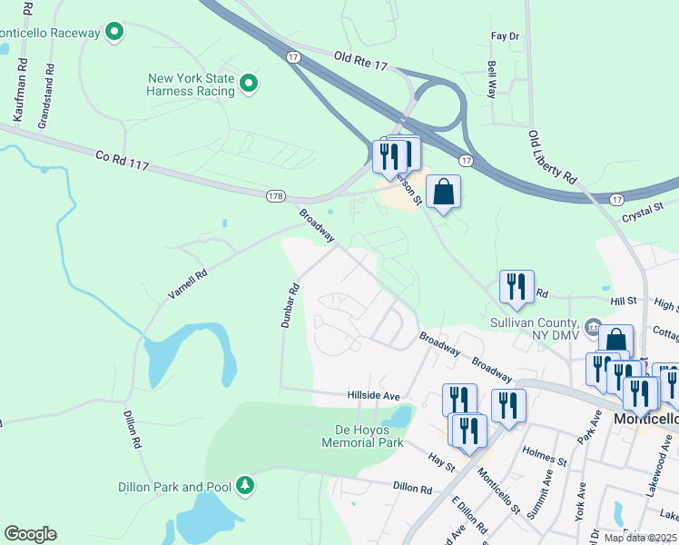 map of restaurants, bars, coffee shops, grocery stores, and more near 9 Dunbar Road in Monticello