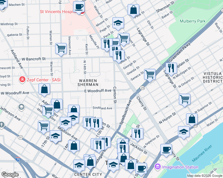 map of restaurants, bars, coffee shops, grocery stores, and more near 200 Canton Avenue in Toledo