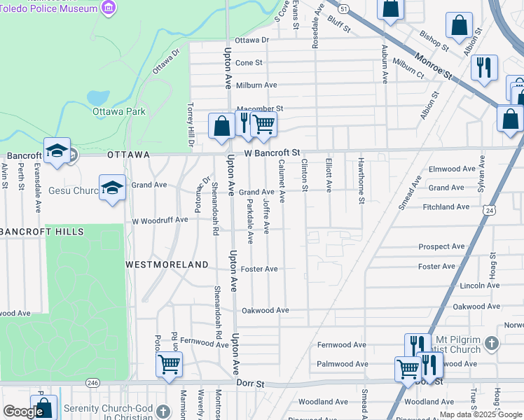 map of restaurants, bars, coffee shops, grocery stores, and more near 2036 Joffre Avenue in Toledo