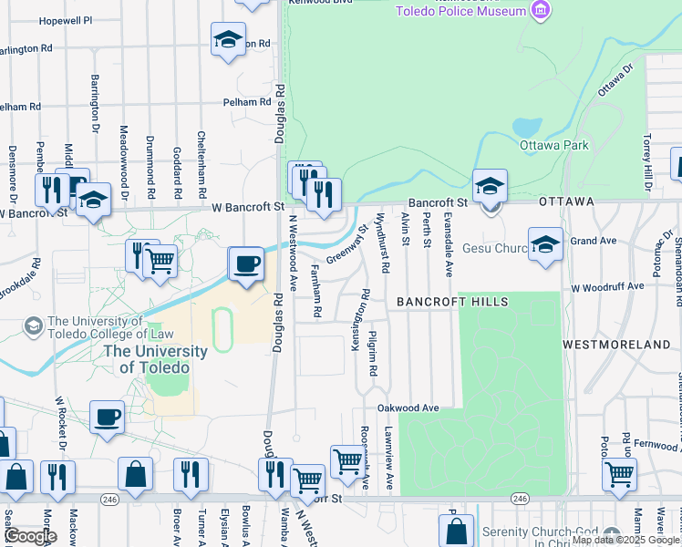 map of restaurants, bars, coffee shops, grocery stores, and more near 2633 Greenway Street in Toledo