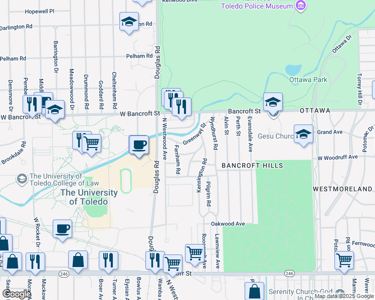 map of restaurants, bars, coffee shops, grocery stores, and more near 2633 Greenway Street in Toledo