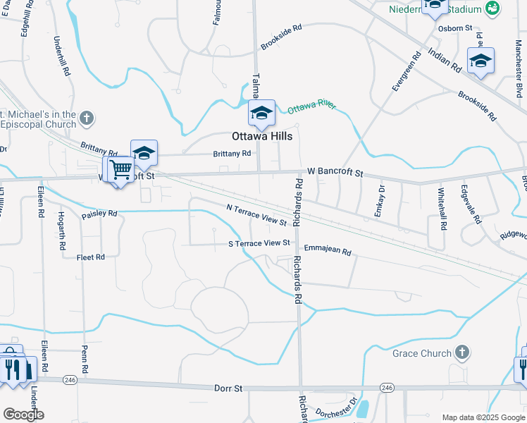 map of restaurants, bars, coffee shops, grocery stores, and more near 4208 North Terrace View Street in Toledo