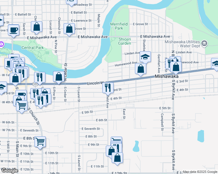 map of restaurants, bars, coffee shops, grocery stores, and more near 855 Lincolnway East in Mishawaka