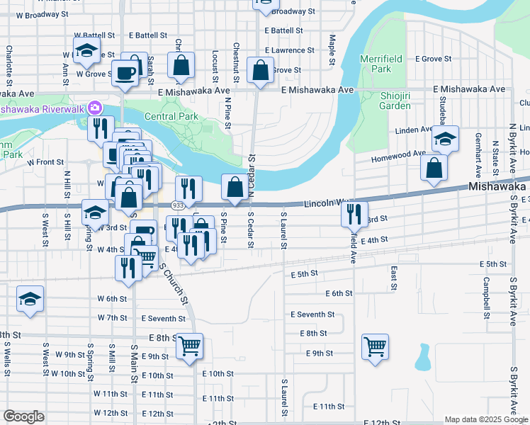 map of restaurants, bars, coffee shops, grocery stores, and more near 635 Lincolnway East in Mishawaka