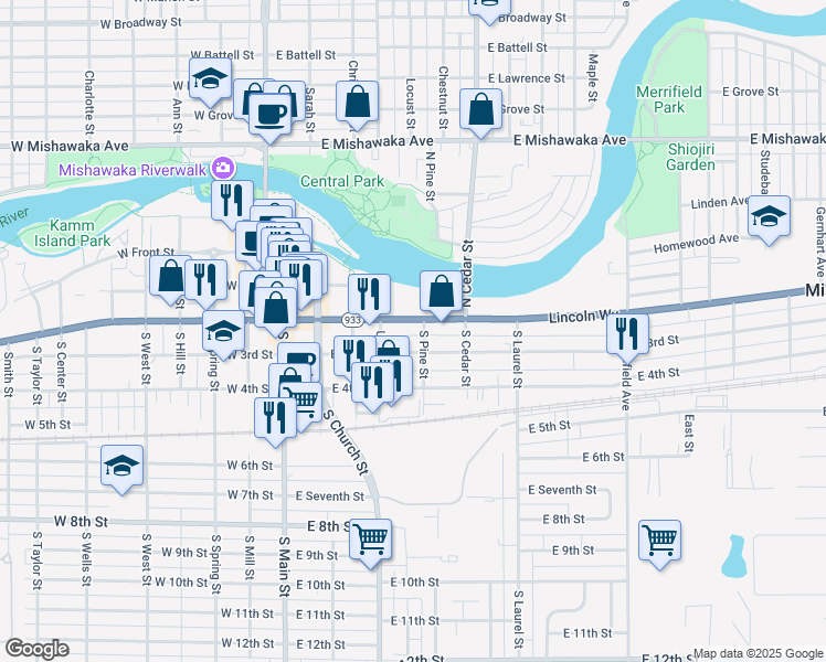 map of restaurants, bars, coffee shops, grocery stores, and more near 501 Lincolnway East in Mishawaka