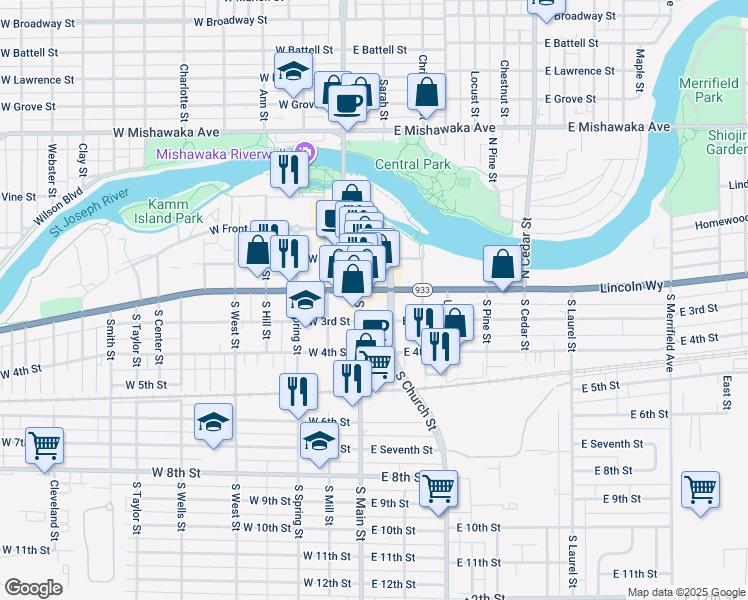 map of restaurants, bars, coffee shops, grocery stores, and more near 107-199 Lincolnway E in Mishawaka