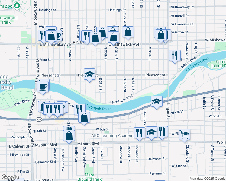 map of restaurants, bars, coffee shops, grocery stores, and more near 1306 South 30th Street in South Bend