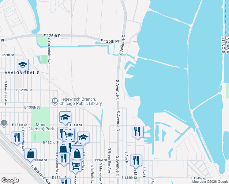 map of restaurants, bars, coffee shops, grocery stores, and more near 12949 South Avenue O in Chicago