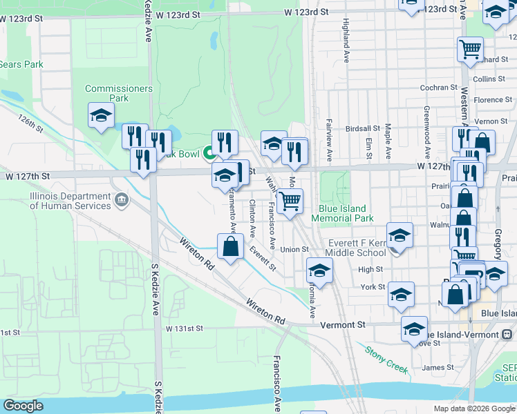 map of restaurants, bars, coffee shops, grocery stores, and more near 12749 Clinton Avenue in Blue Island
