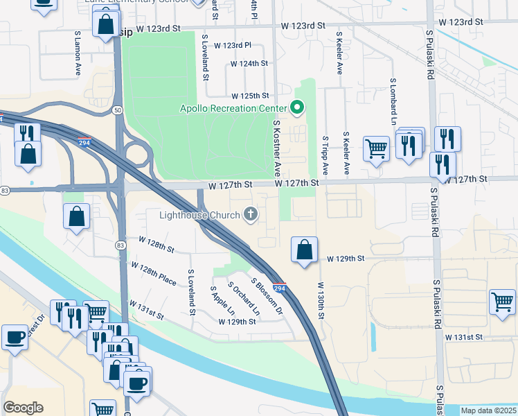 map of restaurants, bars, coffee shops, grocery stores, and more near 12738 South Kenneth Avenue in Alsip