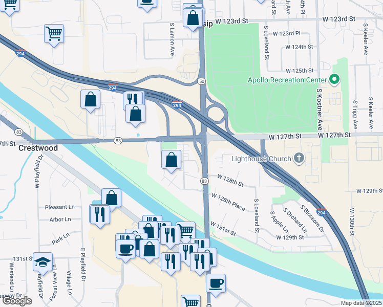 map of restaurants, bars, coffee shops, grocery stores, and more near 12727 South La Crosse Avenue in Alsip