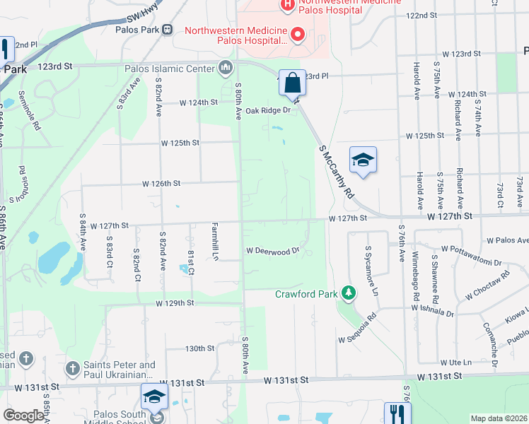 map of restaurants, bars, coffee shops, grocery stores, and more near 7950 West 127th Street in Palos Park