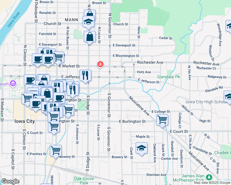 map of restaurants, bars, coffee shops, grocery stores, and more near 903 Iowa Avenue in Iowa City