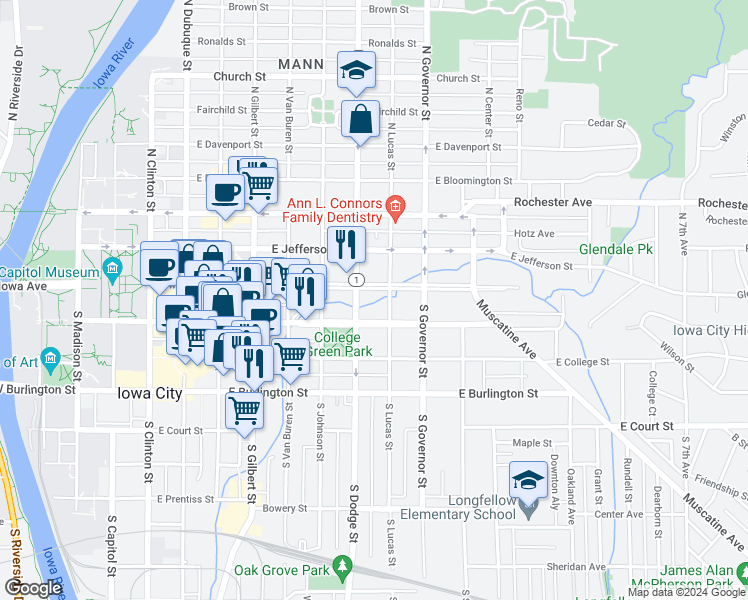 map of restaurants, bars, coffee shops, grocery stores, and more near 703 Iowa Avenue in Iowa City