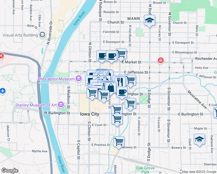 map of restaurants, bars, coffee shops, grocery stores, and more near 4 South Linn Street in Iowa City