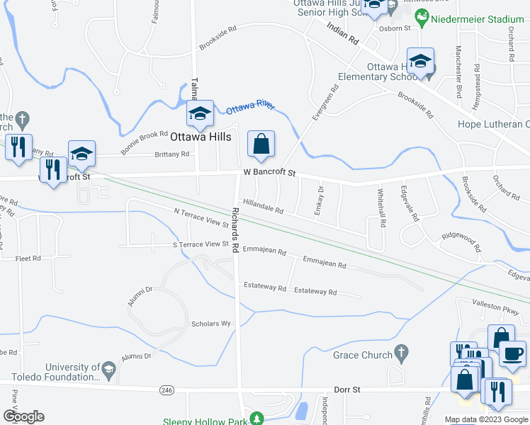map of restaurants, bars, coffee shops, grocery stores, and more near 4021 Hillandale Road in Toledo