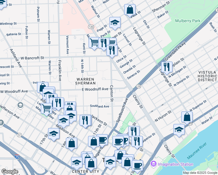 map of restaurants, bars, coffee shops, grocery stores, and more near 200 Canton Avenue in Toledo