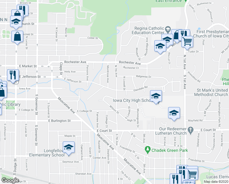 map of restaurants, bars, coffee shops, grocery stores, and more near 11 South 7th Avenue in Iowa City