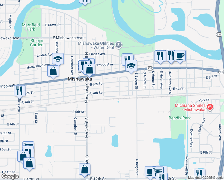 map of restaurants, bars, coffee shops, grocery stores, and more near 1532 East 4th Street in Mishawaka