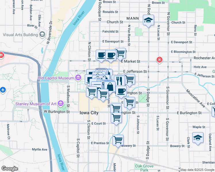 map of restaurants, bars, coffee shops, grocery stores, and more near 9 South Linn Street in Iowa City