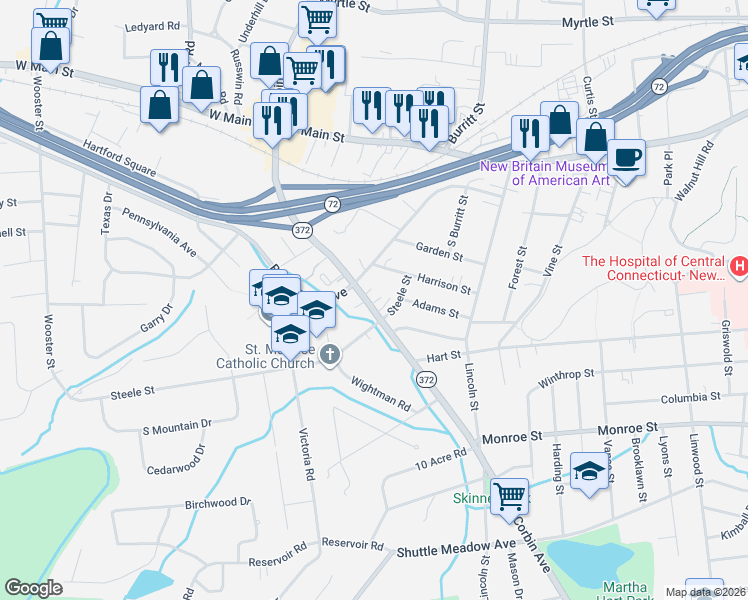 map of restaurants, bars, coffee shops, grocery stores, and more near 911 Corbin Avenue in New Britain