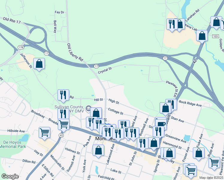 map of restaurants, bars, coffee shops, grocery stores, and more near 70 Liberty Street in Monticello