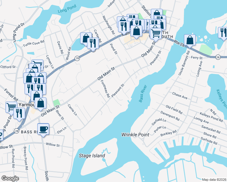 map of restaurants, bars, coffee shops, grocery stores, and more near 147 Pleasant Street in Yarmouth