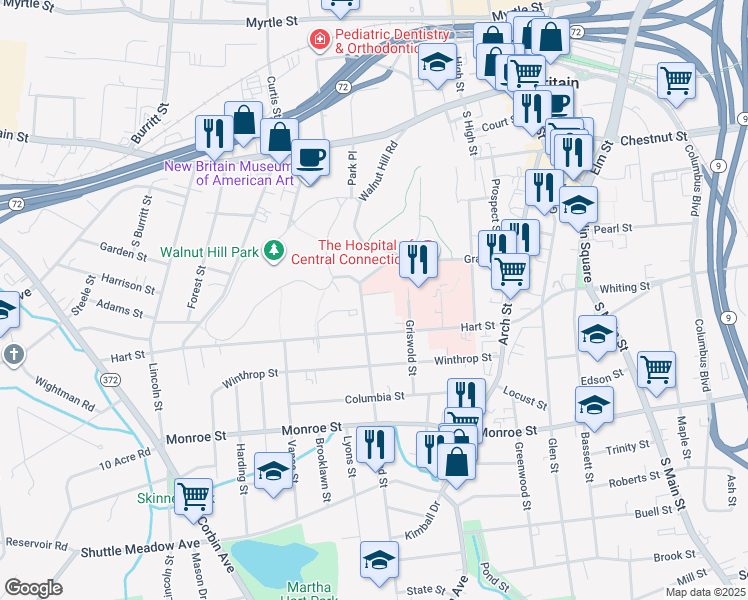 map of restaurants, bars, coffee shops, grocery stores, and more near 30 Highland Street in New Britain
