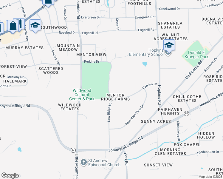 map of restaurants, bars, coffee shops, grocery stores, and more near 8885 Perkins Drive in Mentor