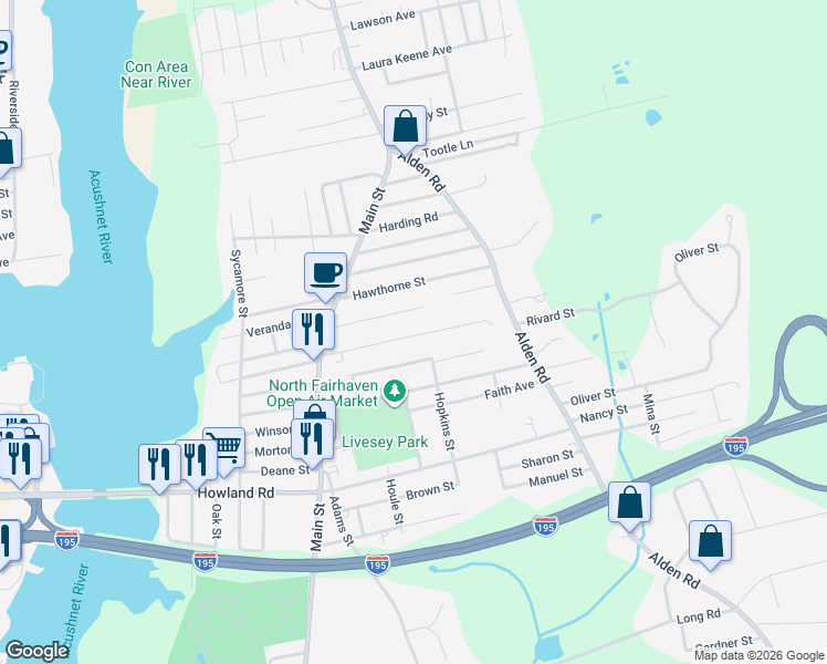 map of restaurants, bars, coffee shops, grocery stores, and more near 42 Maitland Street in Fairhaven