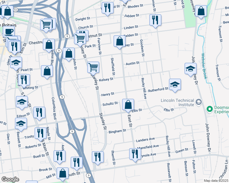 map of restaurants, bars, coffee shops, grocery stores, and more near 60 Henry Street in New Britain