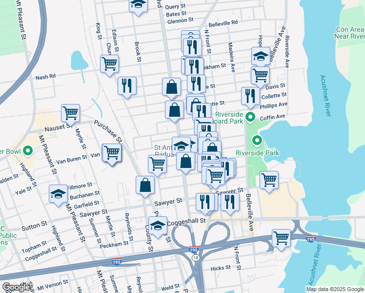 map of restaurants, bars, coffee shops, grocery stores, and more near 138 Deane Street in New Bedford