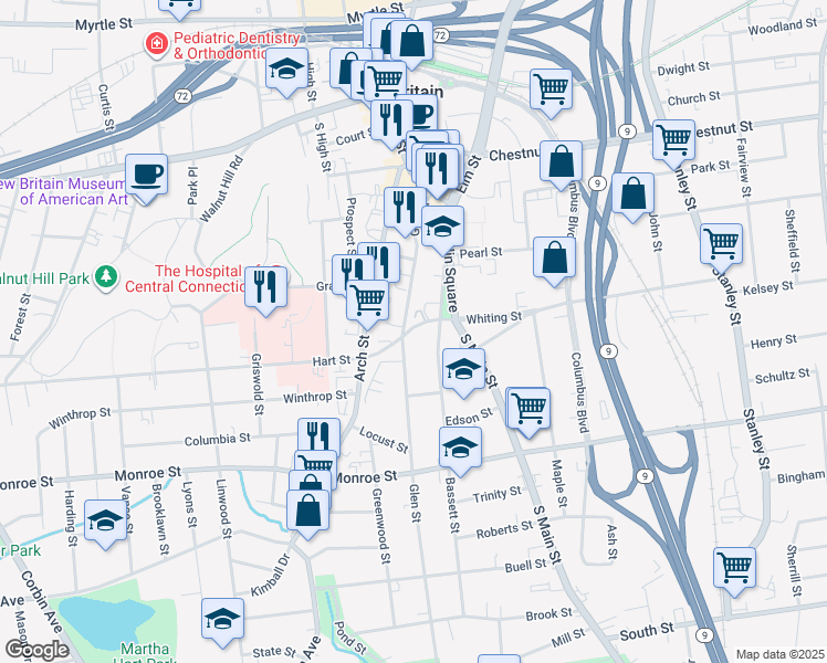 map of restaurants, bars, coffee shops, grocery stores, and more near 61 Whiting Street in New Britain