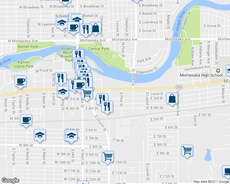 map of restaurants, bars, coffee shops, grocery stores, and more near 415 Lincolnway East in Mishawaka