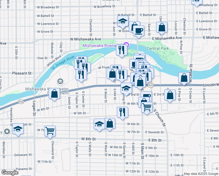 map of restaurants, bars, coffee shops, grocery stores, and more near 415 Lincolnway East in Mishawaka