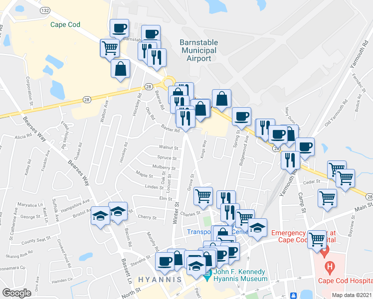map of restaurants, bars, coffee shops, grocery stores, and more near 291 Barnstable Road in Barnstable