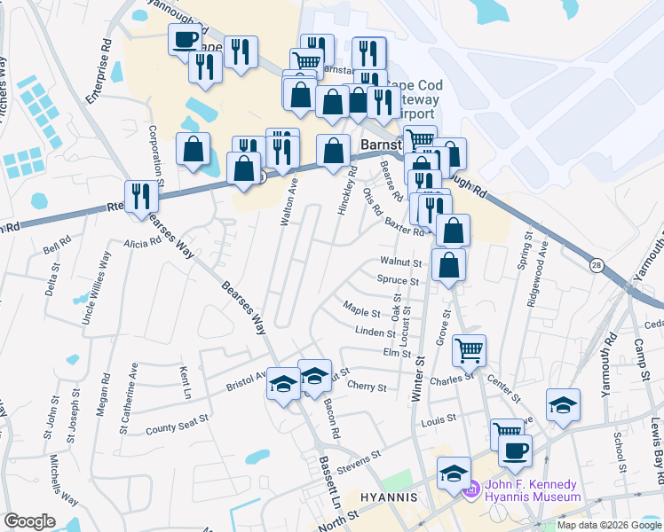 map of restaurants, bars, coffee shops, grocery stores, and more near 255 Hinckley Road in Barnstable