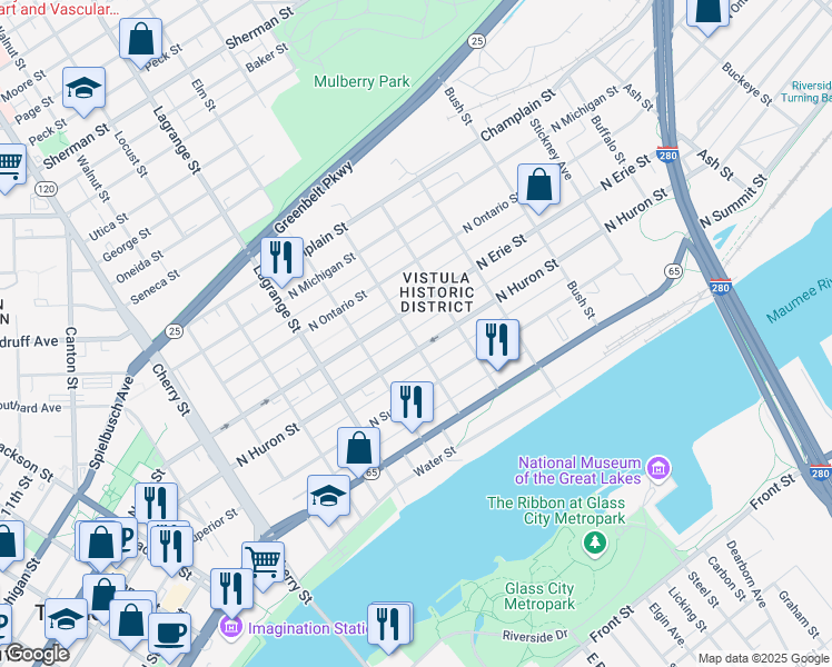 map of restaurants, bars, coffee shops, grocery stores, and more near 612 Chestnut Street in Toledo