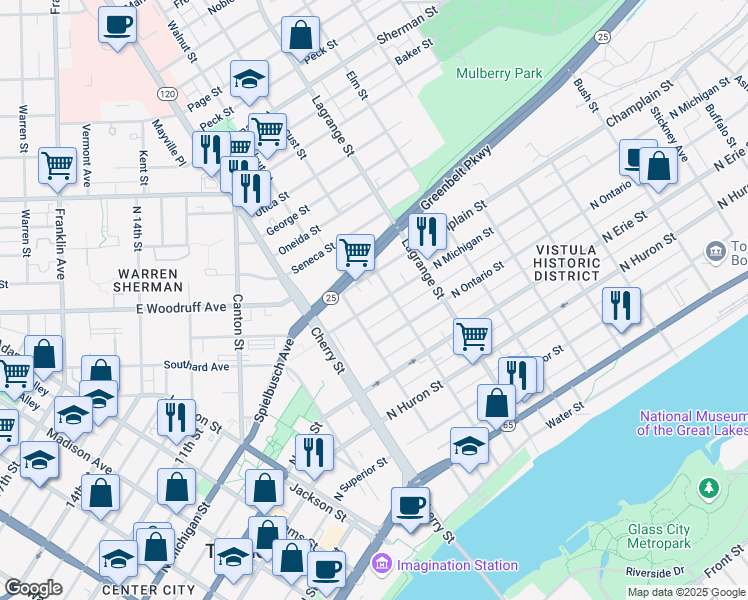 map of restaurants, bars, coffee shops, grocery stores, and more near 817 North Michigan Street in Toledo