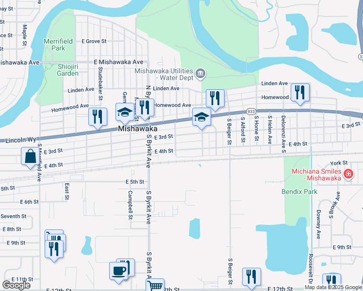 map of restaurants, bars, coffee shops, grocery stores, and more near 1532 East 4th Street in Mishawaka