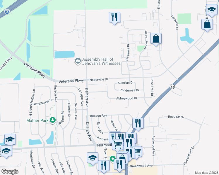 map of restaurants, bars, coffee shops, grocery stores, and more near 66 Abbeywood Drive in Romeoville