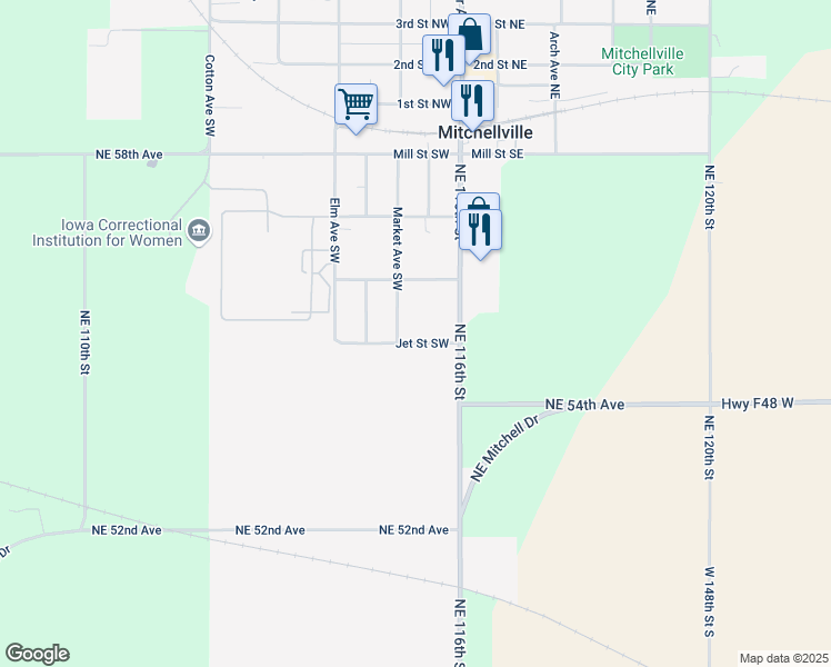 map of restaurants, bars, coffee shops, grocery stores, and more near 115 Jet Street Southwest in Mitchellville