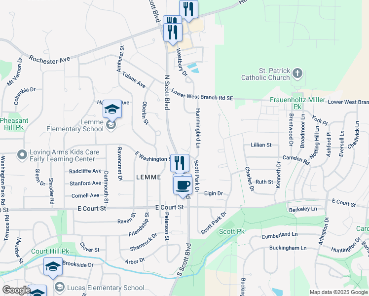 map of restaurants, bars, coffee shops, grocery stores, and more near 1010 Scott Park Drive in Iowa City
