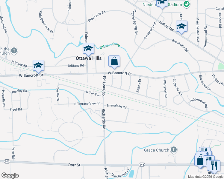 map of restaurants, bars, coffee shops, grocery stores, and more near 4033 Hillandale Road in Toledo