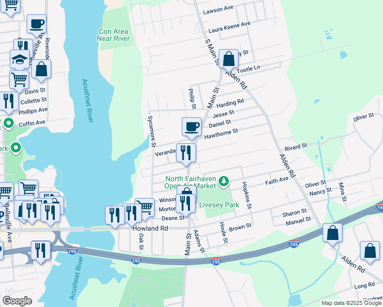 map of restaurants, bars, coffee shops, grocery stores, and more near 407 Main Street in Fairhaven